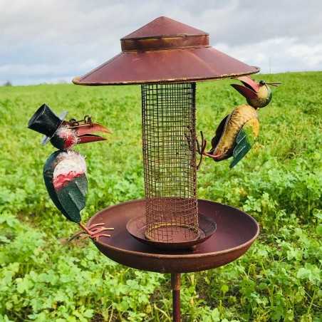Picchio da giardino decorativo, mangiatoia in ferro con corvi colorati