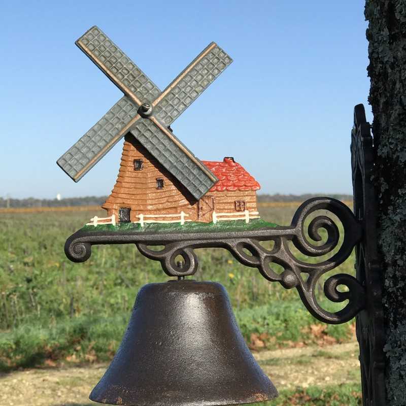 Grande Campana da Porta in Ghisa H 40cm motivo Mulino a vento decorativo da giardino