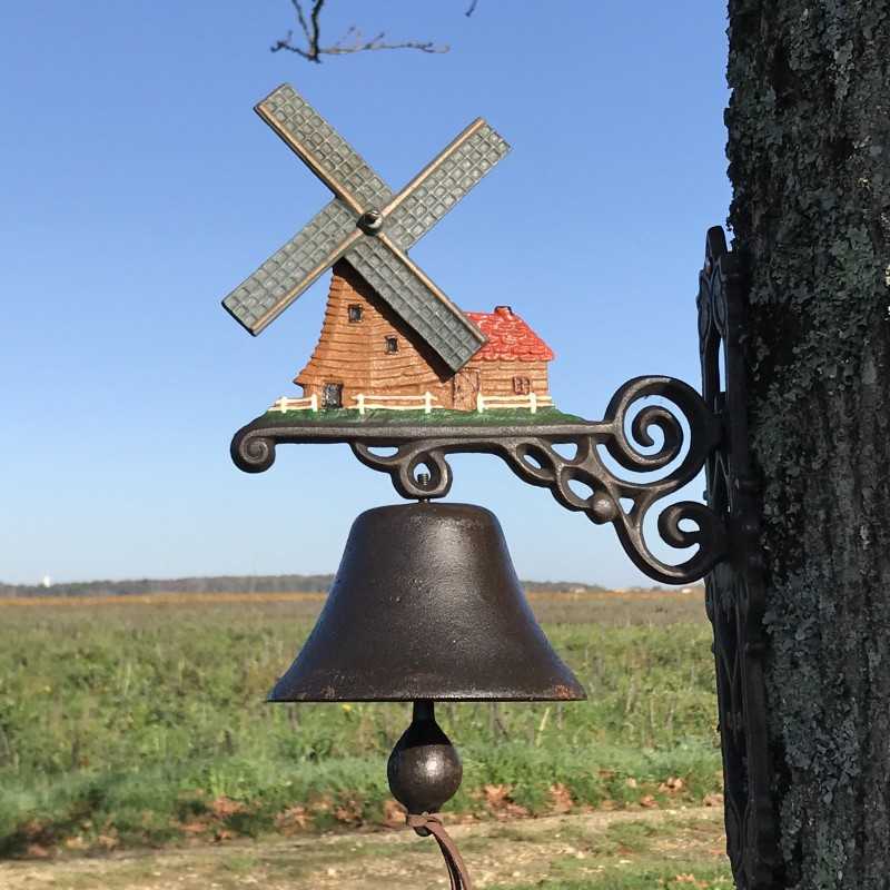 Grande Campana da Porta in Ghisa H 40cm motivo Mulino a vento decorativo da giardino