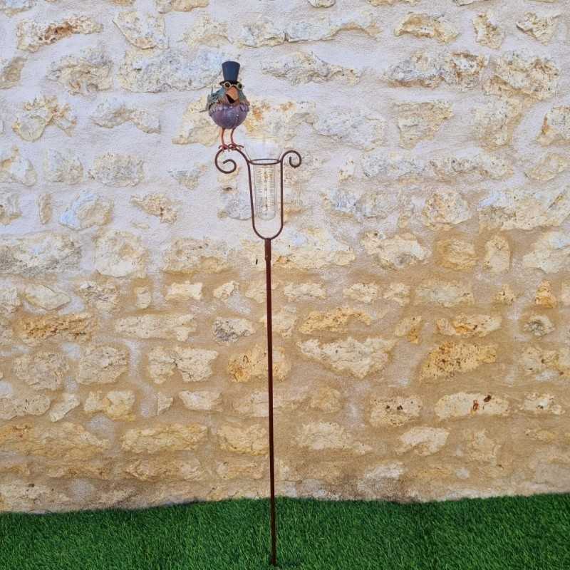 Pluviometro decorativo modello uccello con cappello e imbuto graduato vista completa