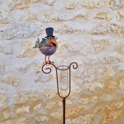 Pluviometro decorativo modello uccello con cappello e imbuto graduato vista frontale