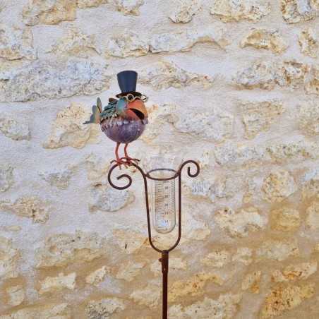 Pluviometro decorativo modello uccello con cappello e imbuto graduato vista frontale