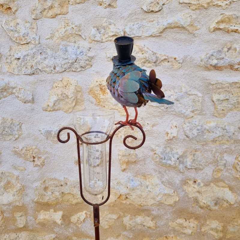 Pluviometro decorativo modello uccello con cappello e imbuto graduato vista posteriore