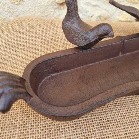 Bagno per uccelli ovale in ghisa da appoggio, marrone patinato nero con motivo di 2 uccelli