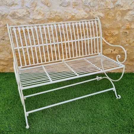 Panca da giardino in ferro battuto con finitura bianco antico, confortevole