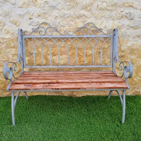 Panca da giardino in ferro battuto e legno finitura grigio antico, confortevole
