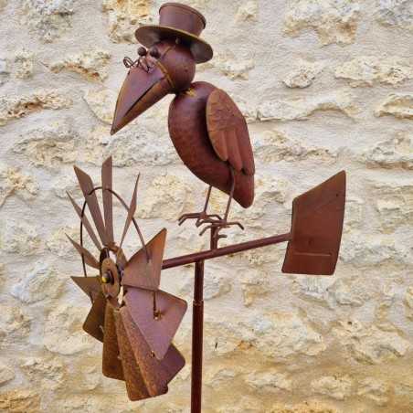 Pic, éolienne de jardin en fer motif corbeau aspect rouille 55,90 € LEZARD DU JARDIN
