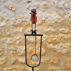 Bilanciere, sostegno in metallo e vetro con uccellino e cappello