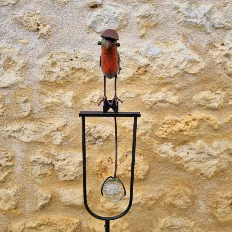 Bilanciere, sostegno in metallo e vetro con uccellino e cappello
