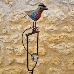 Bilanciere, sostegno in metallo e vetro con uccellino e cappello