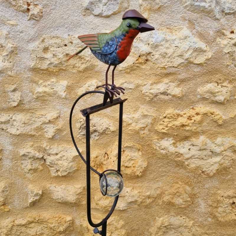 Bilanciere, sostegno in metallo e vetro con uccellino e cappello