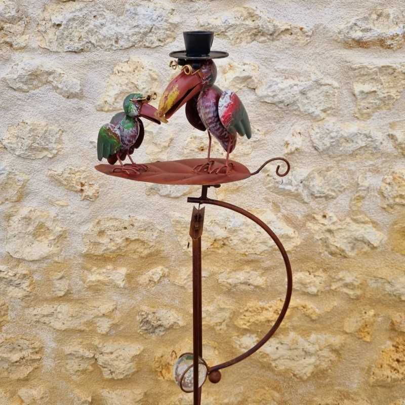 Mobile da Giardino Bilanciere su Picchetto Motivi Due Corvi su Foglia in Ferro e Vetro 15x30x158cm