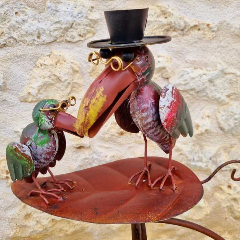 Mobile da Giardino Bilanciere su Picchetto Motivi Due Corvi su Foglia in Ferro e Vetro 15x30x158cm