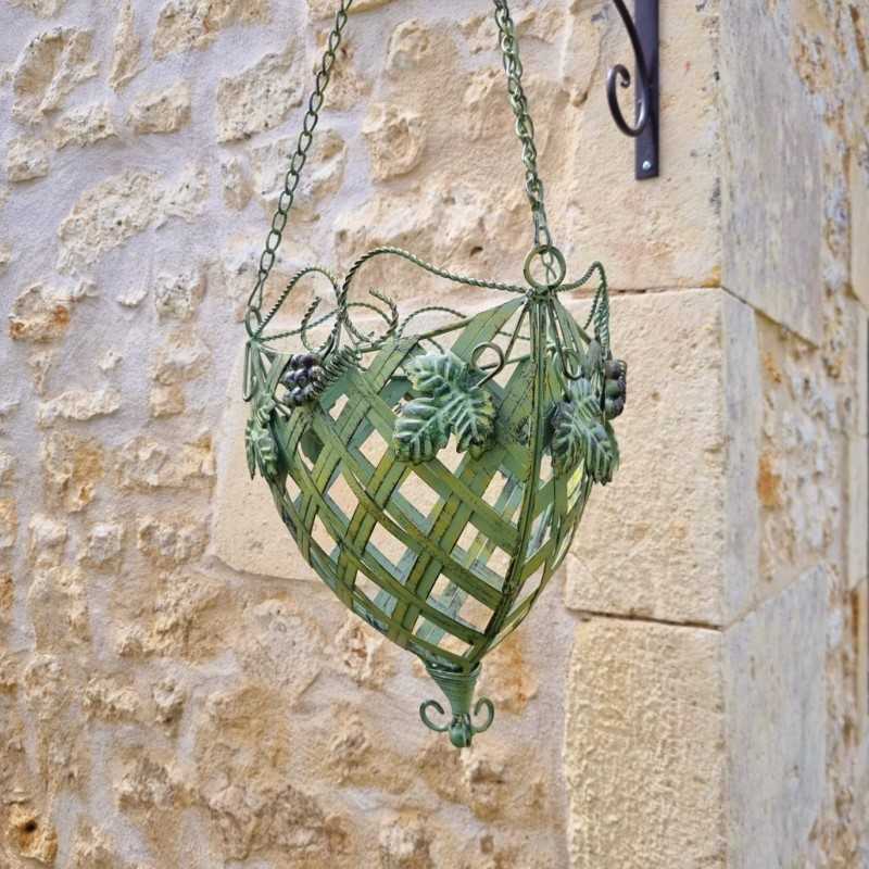 Cesto Porta Piante Sospeso in ferro verde patinato giallo e marrone
