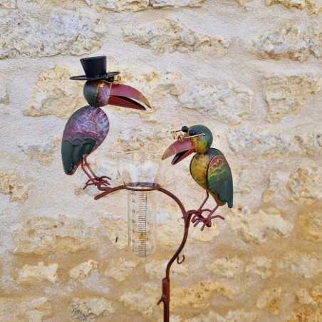 Pluviometro con picchetto Supporto per piante Decorazione da giardino Motivo corvo in ferro patinato con imbuto Tubo in vetro vi