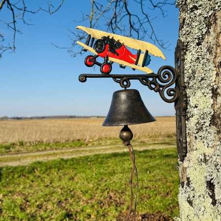 Cloche da parete in ghisa con aereo biplano – Eleganza retrò per il tuo spazio esterno