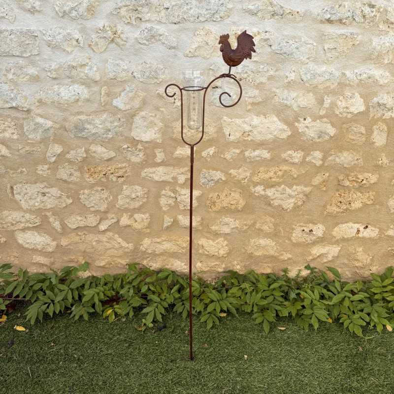 Pluviometro decorativo a forma di gallo in metallo patinato – 132 cm – Vetro graduato 35 mm – Lézard du Jardin