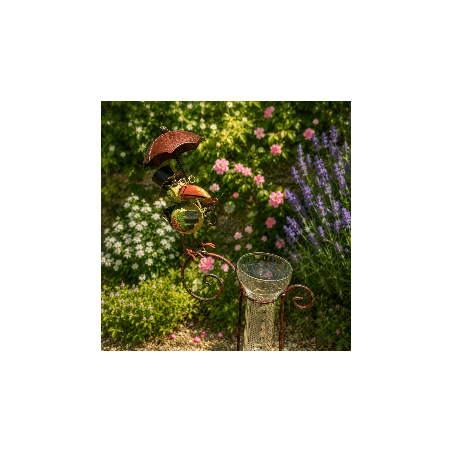 Pluviomètre décoratif de jardin oiseau sous parapluie – Une touche colorée pour mesurer la pluie