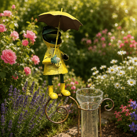 Pluviomètre décoratif grenouille au ciré jaune – Une touche de bonne humeur pour mesurer la pluie