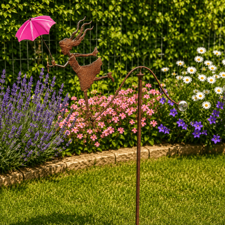 Mobile de jardin « Dame au parapluie rose » – Balancier décoratif en métal