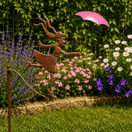 Mobile de jardin « Dame au parapluie rose » – Balancier décoratif en métal