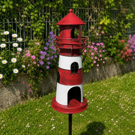 Pic décoratif de jardin phare rouge et blanc – Une ambiance bord de mer au cœur de votre jardin