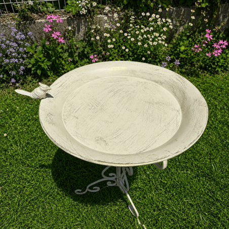 Bain d'oiseaux sur pied en métal patiné crème vieilli – Ø 42 cm
