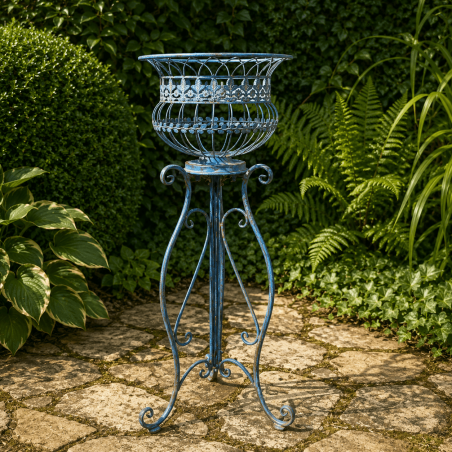 Porte-plante sur pied en métal patiné bleu – Support de pot de fleurs