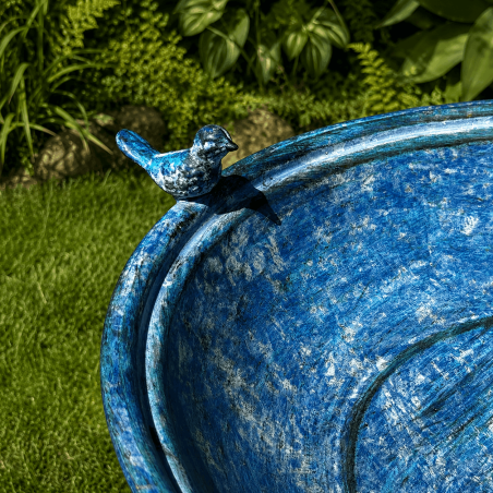 Bain d’oiseaux sur pied en métal bleu patiné – Grande baignoire à oiseaux
