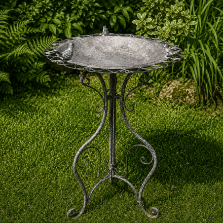 Bain d’oiseaux sur pied en métal patiné – 74 cm – Coupelle Ø40 cm – Lézard du Jardin