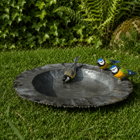 Bain d'oiseaux métal recyclé noir avec deux mésanges colorées