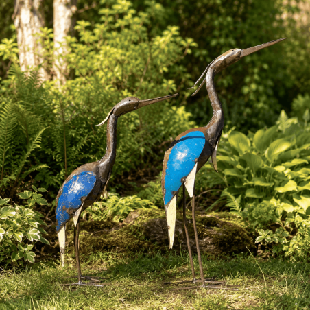 Hérons en métal recyclé bleu et brun pour bassin et jardin