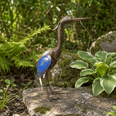 Hérons en métal recyclé bleu et brun pour bassin et jardin