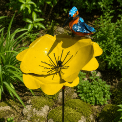 Fleur décorative de jardin en métal jaune avec oiseau