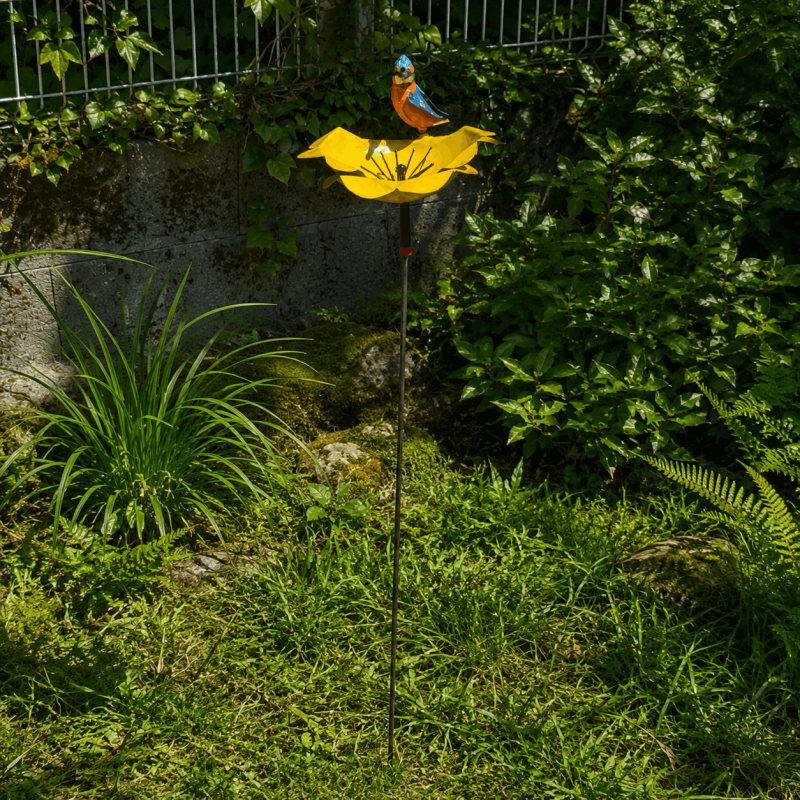 Fleur décorative de jardin en métal jaune avec oiseau