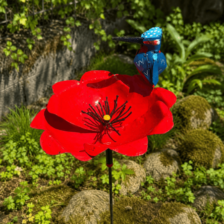 Fleur décorative de jardin en métal rouge avec oiseau bleu