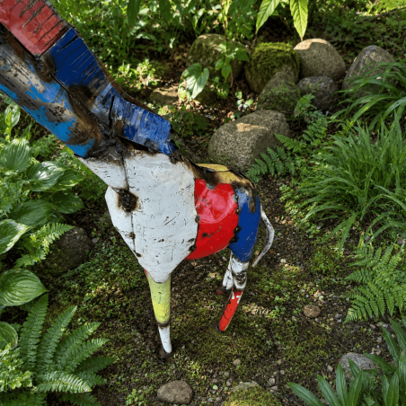 Statue de girafe en métal recyclé H115 x L53 cm – Sculpture safari extérieure multicolore