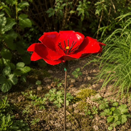 Coquelicot en métal recyclé H108 cm – Fleur décorative rouge pour le jardin
