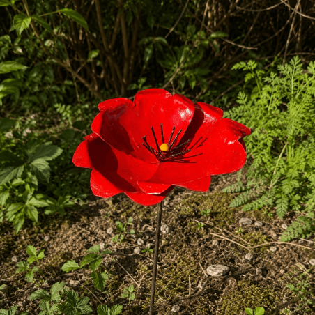 Coquelicot en métal recyclé H108 cm – Fleur décorative rouge pour le jardin