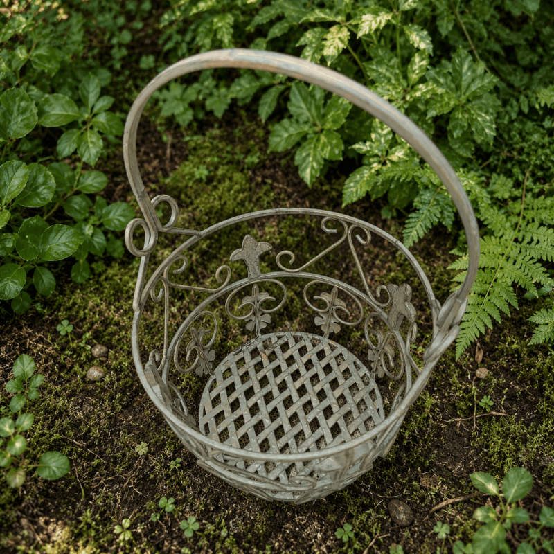 Panier porte-pot en métal rouge patiné à fleurs - 2 tailles