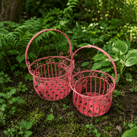 Panier porte-pot en métal rouge patiné à fleurs - 2 tailles