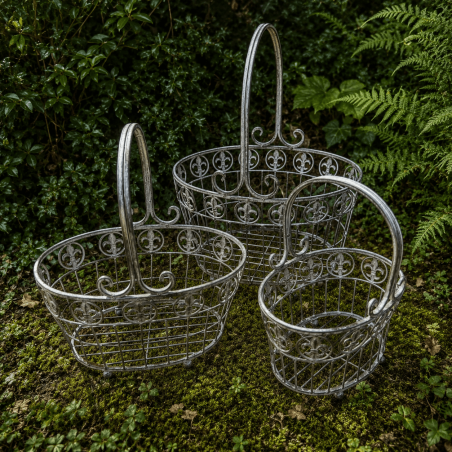 Panier porte-pot ovale en métal gris vieilli fleur de lys - 3 tailles