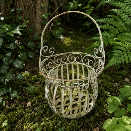 Panier porte-pot en métal vert sauge patiné à fleurs - 2 tailles