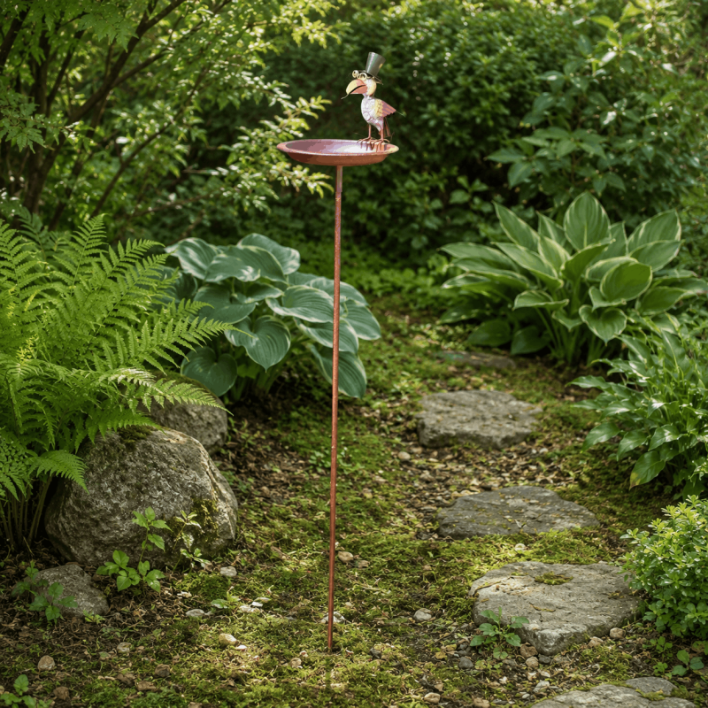 Bain d'oiseaux sur pied en métal avec corbeau gentleman – Mangeoire de jardin H120 cm