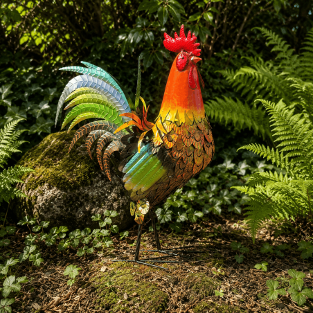 Sculpture coq en métal multicolore – Coq majestueux H 84 cm