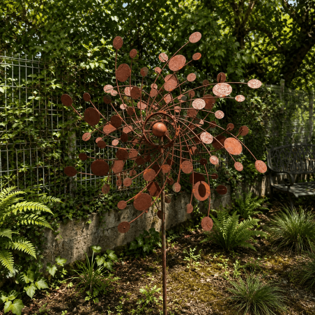 Éolienne de jardin à disques couleur rouille – Hauteur 212 cm