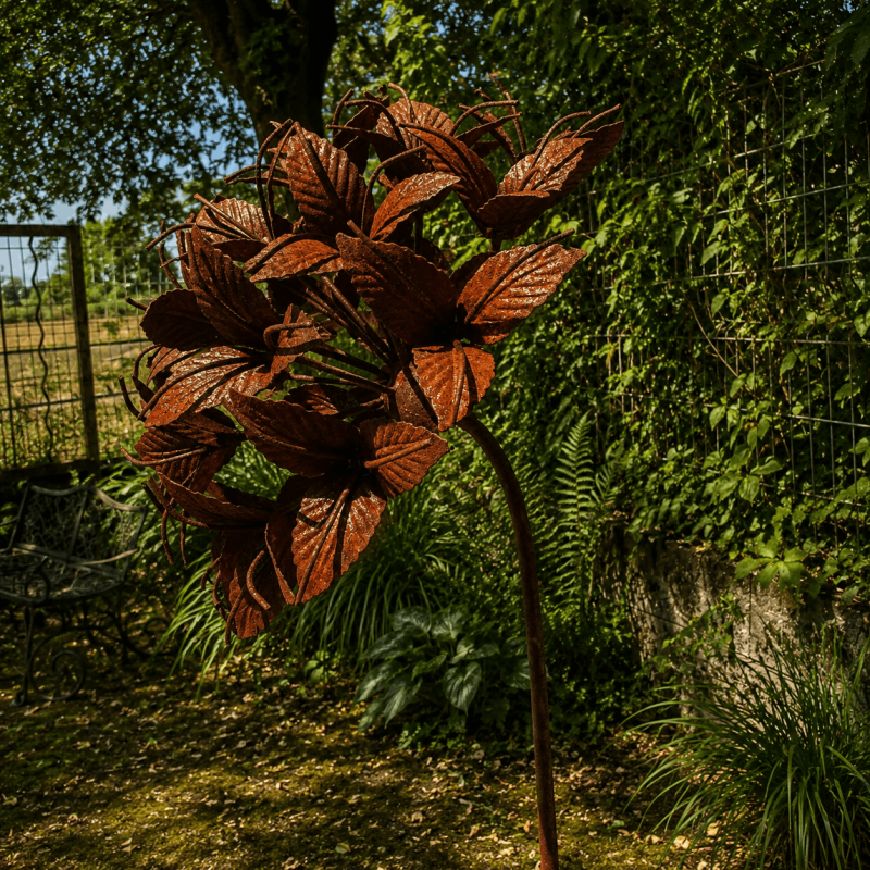 Fleur en métal sur pique couleur rouille – Décoration de jardin 160 cm