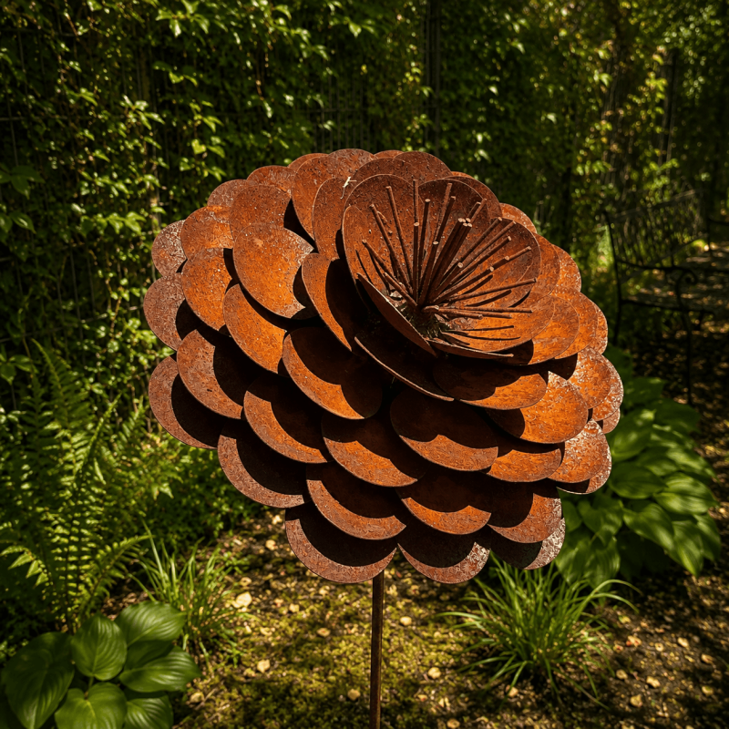 Rose en métal sur pique couleur rouille – Fleur de jardin décorative 160 cm