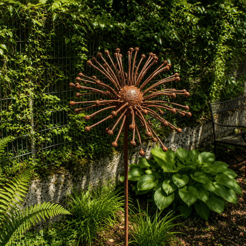 Fleur soleil en métal sur pique couleur rouille – Hauteur 160 cm