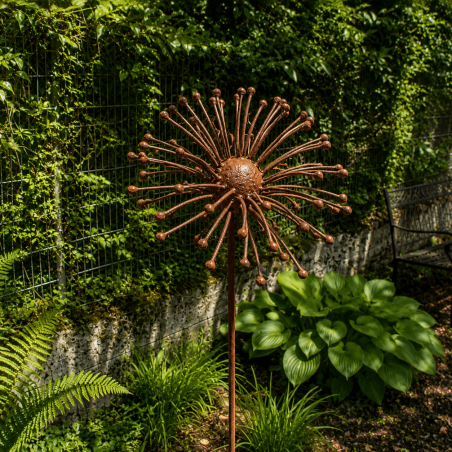 Fleur soleil en métal sur pique couleur rouille – Hauteur 160 cm